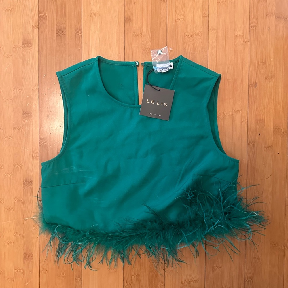 LeLis Green Feather Trim Top NWT